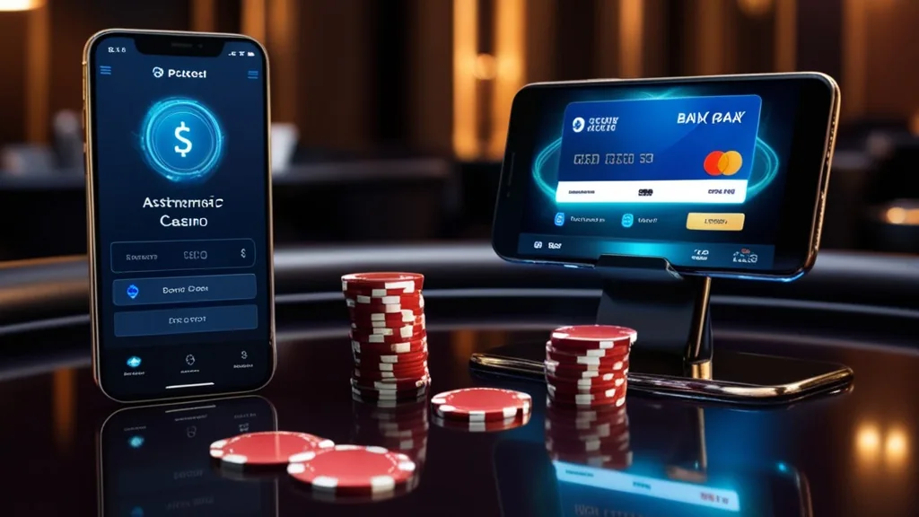 Tela de pagamento com cartão e carteira digital num ambiente de casino