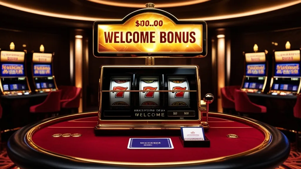 Sala de casino escura com destaque para um bónus de boas-vindas brilhante