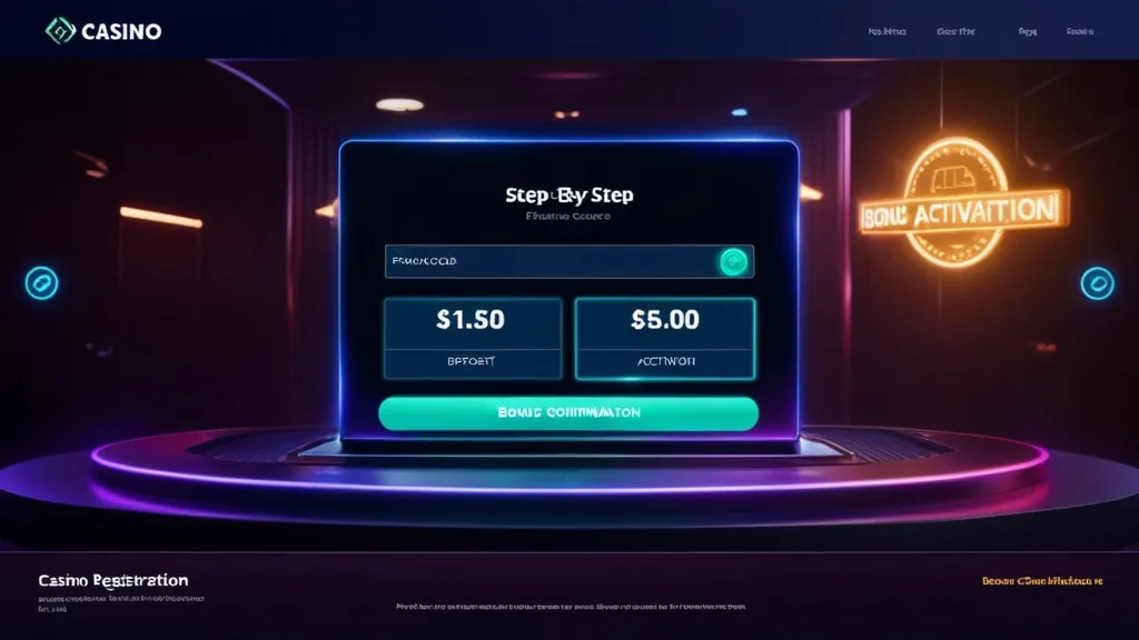 Passos de ativação do bónus mostrados num ecrã de casino moderno
