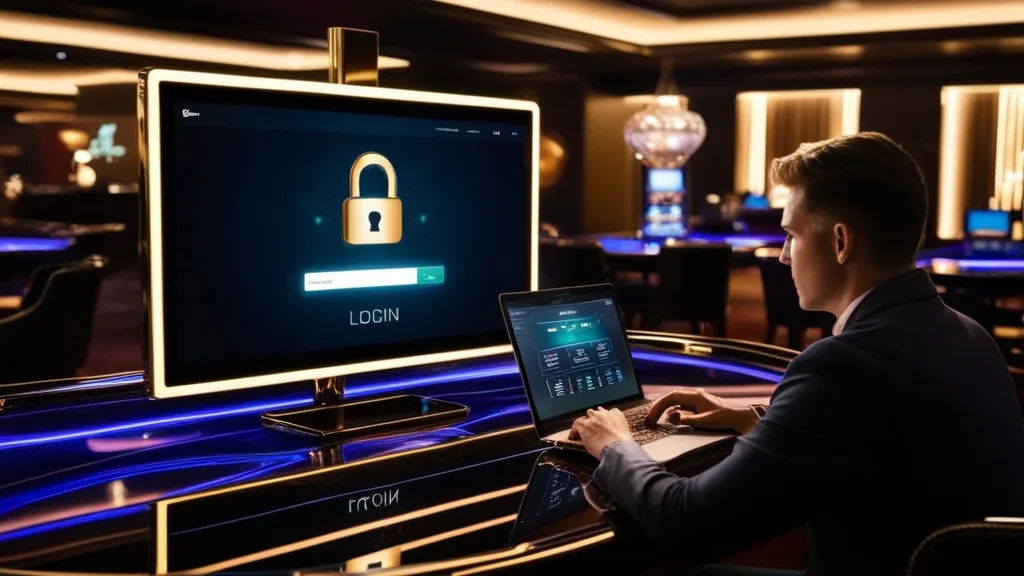 Ecrã de login seguro num ambiente de casino escuro e moderno