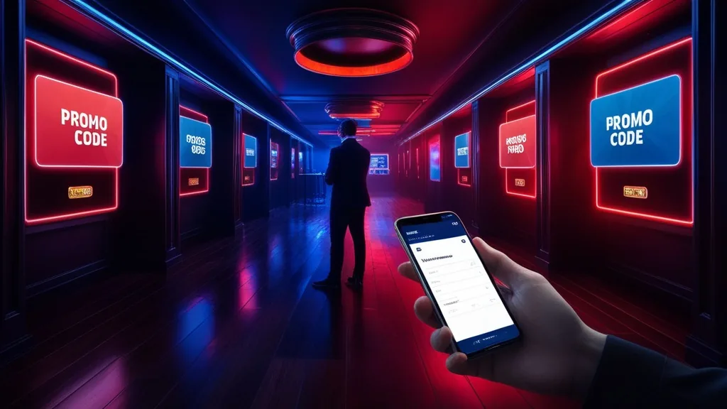 Ecrãs de registo e cartões de código promocional num casino escuro