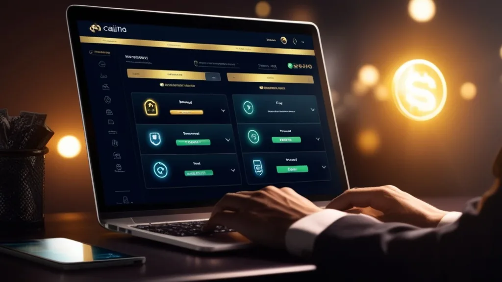 Painel de cashout com estados de processamento num ambiente escuro