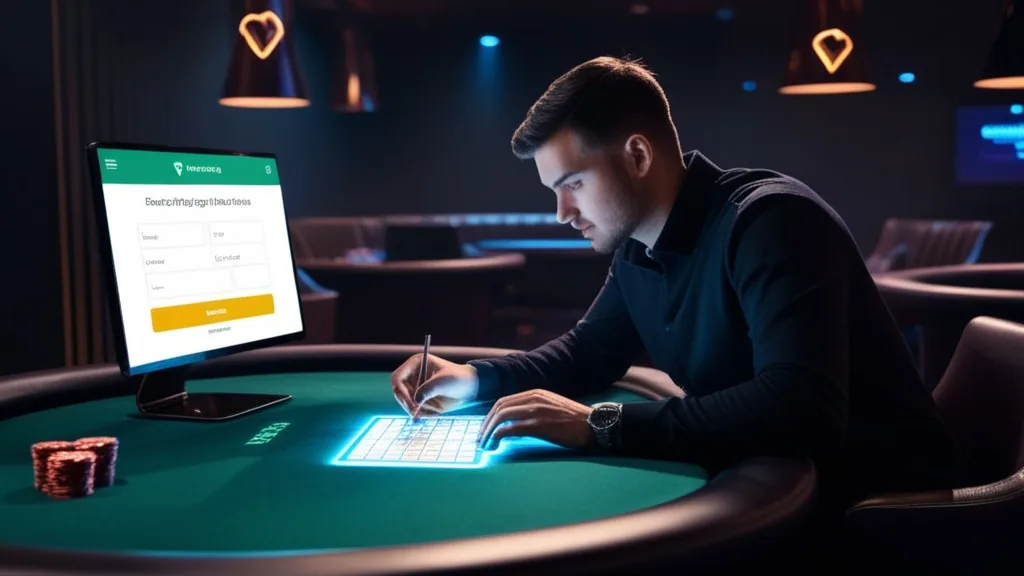 Pessoa a corrigir dados do registo num ambiente de casino escuro